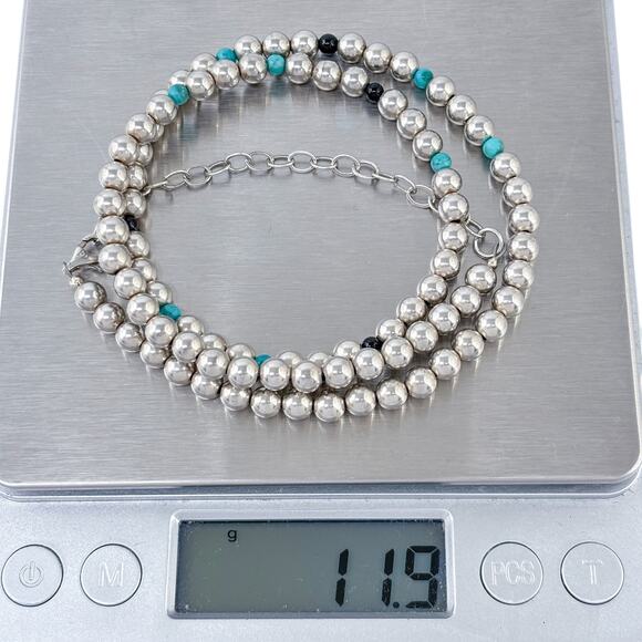 Estate Sterling Silver 925 Turquoise Onyx Beaded Necklace 18"-21" - Picture 6 of 6